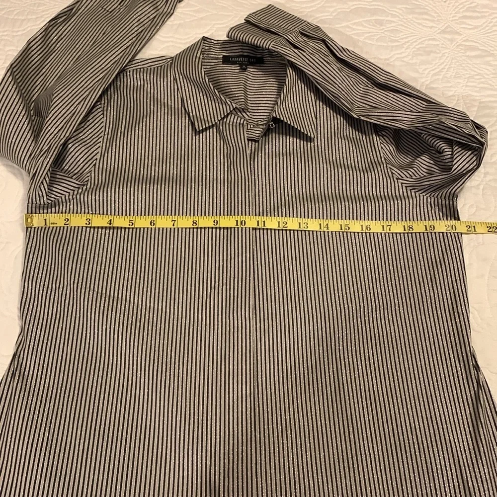 LAFAYETTE 148 NY Stripe Shimmer Button Down Long Sleeve Blouse Black Beige SZ 10 - Picture 11 of 16